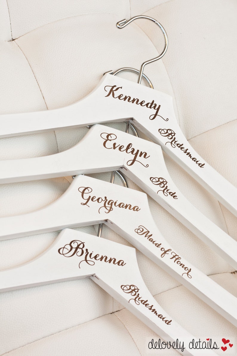 3 Personalized White Wedding Dress Hangers with Wedding Party Title Arm Inscription Engraved Wood image 2