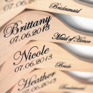 Personalized Wedding Dress Hanger with Wedding Party Title Arm Inscription Engraved Wood image 1