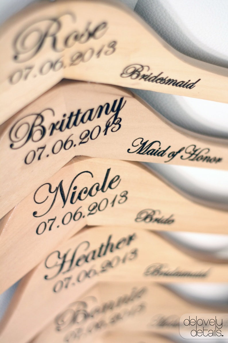 16 Personalized Wedding Dress Hangers with Wedding Party Title Arm Inscription Engraved Wood image 3