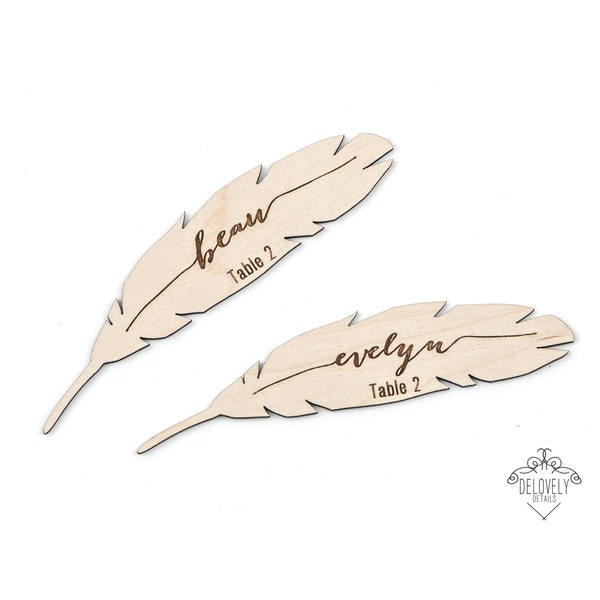 Boho Feather Name Place Card / Tag - Laser engraved and cut wood