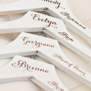 3 Personalized White Wedding Dress Hangers with Wedding Party Title Arm Inscription Engraved Wood image 3