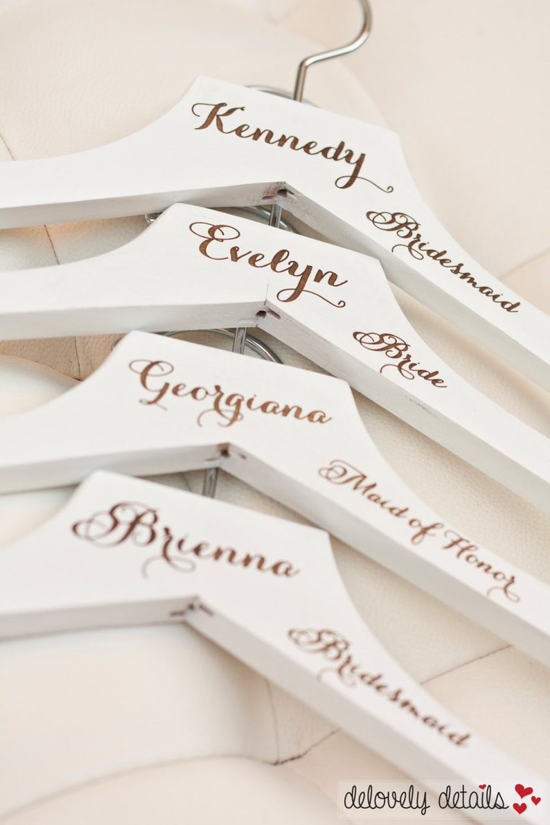 3 Personalized White Wedding Dress Hangers with Wedding Party Title Arm Inscription Engraved Wood image 3