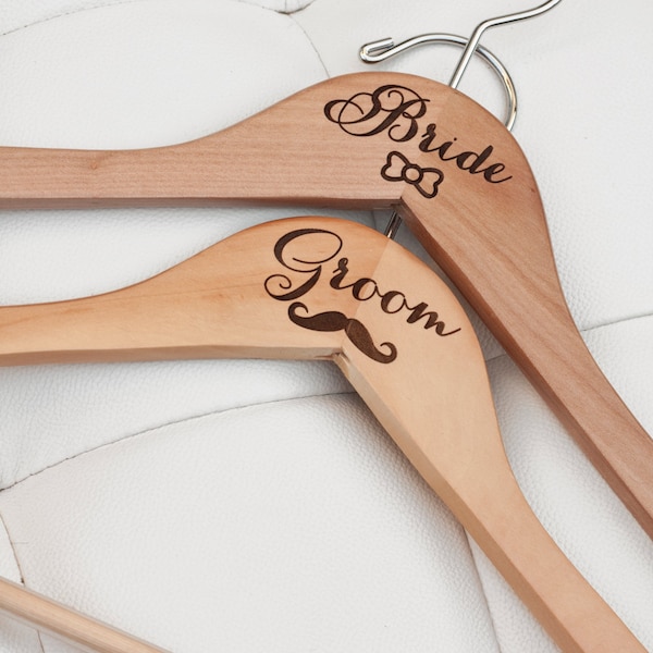 Customized/Personalized Bow and Mustache Standard Hanger set for Bride's wedding dress and Groom's Tux/Suit - Wooden