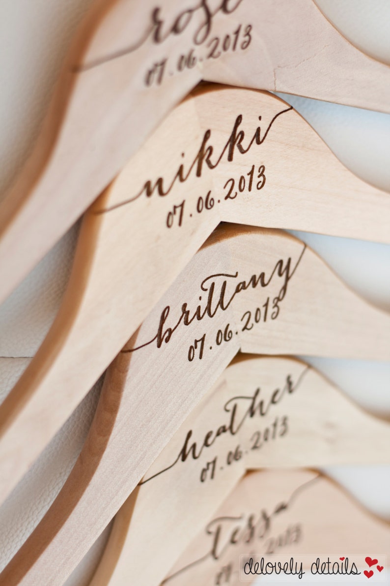 8 Personalized Bridesmaid Hangers Engraved Wood image 1