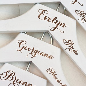 3 Personalized White Wedding Dress Hangers with Wedding Party Title Arm Inscription Engraved Wood image 1