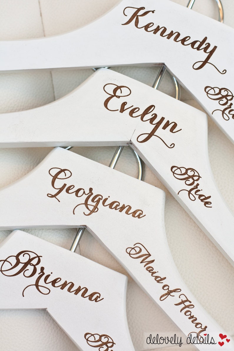 3 Personalized White Wedding Dress Hangers with Wedding Party Title Arm Inscription Engraved Wood image 1