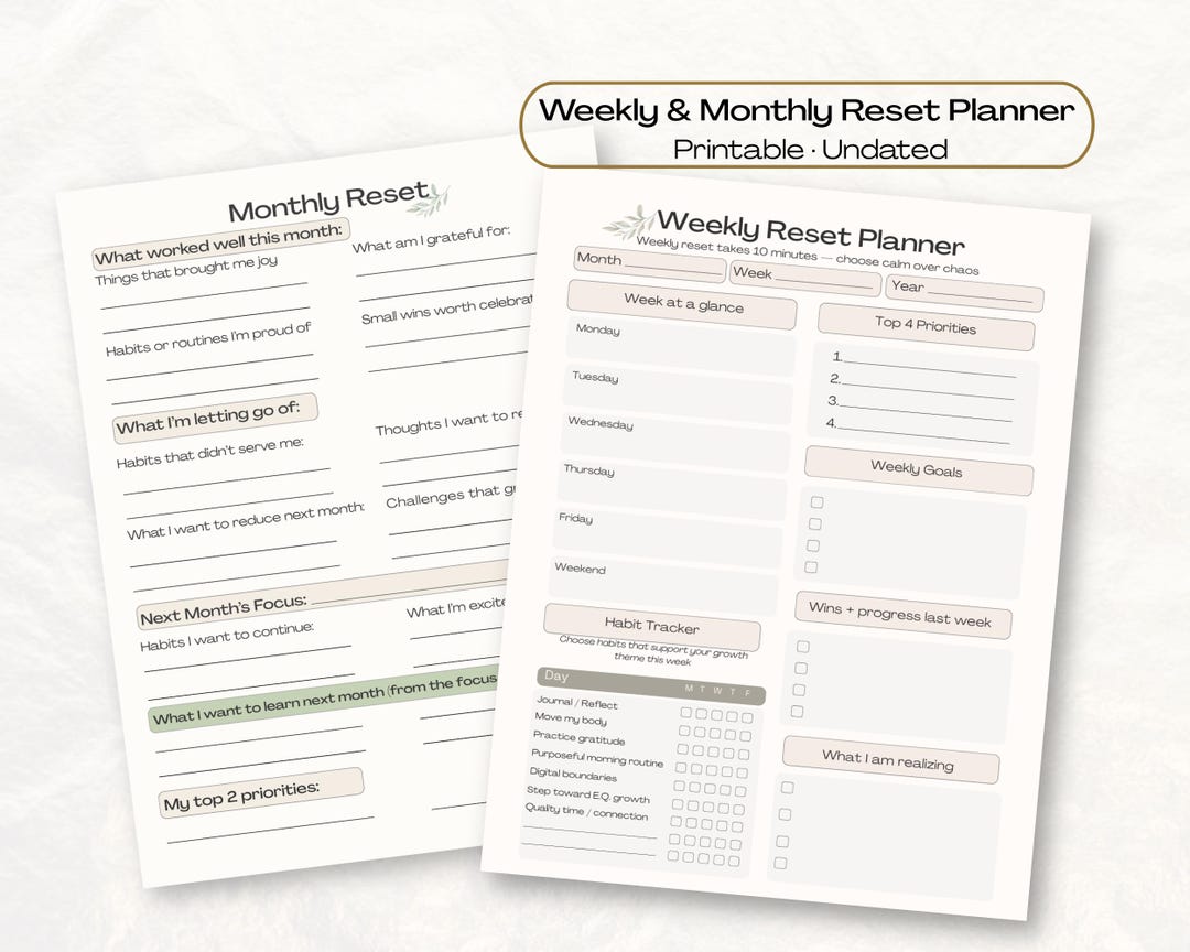 Weekly & Monthly Reset Planner Printable | Undated Pages | Minimal ...