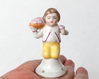 Cute Pin Boy Man Pink Flower Full Figurine Figure Half Doll Cushion Mini Miniature Porcelain Ceramic Vintage Antique Victorian Germany