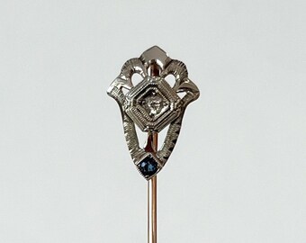 Art Deco Stickpin 10K Diamond Sapphire Lapel Stick Pin White Gold Estate Vintage Antique