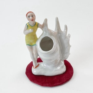 Bathing Beauty Lady Luster Shell Planter Pot Hat Pin Cushion Holder Vase Woman Figurine Porcelain Ceramic Vintage Old Art Deco Style Japan