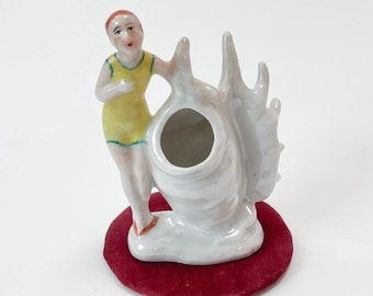 Bathing Beauty Lady Luster Shell Planter Pot Hat Pin Cushion Holder Vase Woman Figurine Porcelain Ceramic Vintage Old Art Deco Style Japan