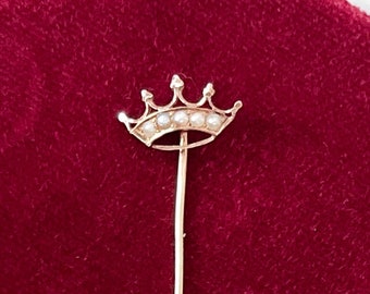 Fine Crown Stickpin 14K Seed Pearl Stick Lapel Pin Brooch Yellow Gold Vintage Art Deco Antique Estate