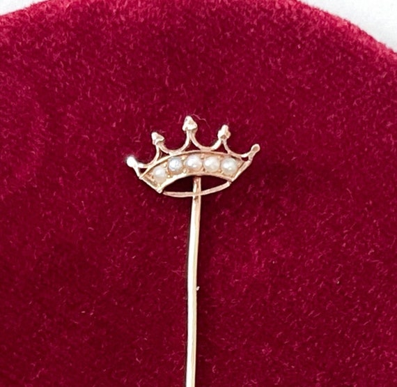 Fine Crown Stickpin 14K Seed Pearl Stick Lapel Pi… - image 1