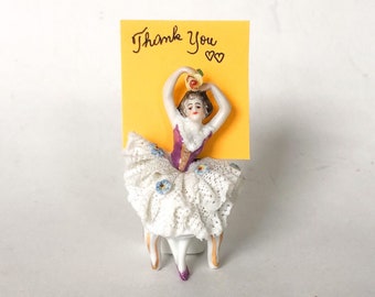Dresden Lady Card Holder Ballerina Lace Tutu Doll Place Purple Woman Figurine Rose Porcelain Mini Miniature Vintage Antique Germany