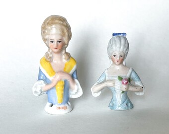 Lovely Lady Half Doll Victorian Woman Pin Cushion Pink Rose Blue Ceramic Porcelain Mini Figure Figurine Vintage Antique Germany Lot