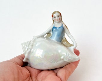Lovely Bathing Beauty Lady Woman Mermaid Luster Shell Figurine Porcelain Ceramic Vintage Japan