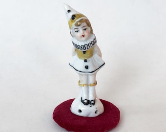 Cute Pierrette Pin Cushion Half Doll Theatre Clown Mini Miniature Girl Lady Woman Pierrot Porcelain Ceramic Figurine Vintage Art Deco German