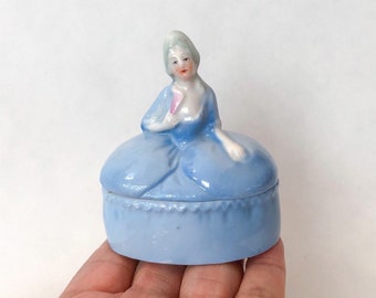 Cute Lady Blue Box Colonial Trinket Treasure Ring Figurine jewelry powder vanity porcelain Pot Jar half doll related Vintage