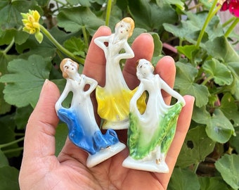 Lot 3 Cute Lady Figurine Sister Small Dancing Woman Yellow Blue Green Mini Girl Porcelain Ceramic Doll arms away Vintage Occupied Japan