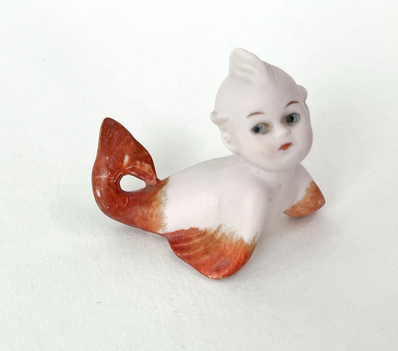 Mini Mermaid Baby Pixie Cupie Kewpie Doll Figurine Miniature Porcelain Bisque Vintage Art Deco