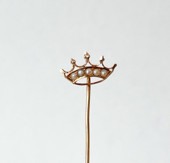 Fine Crown Stickpin 14K Seed Pearl Stick Lapel Pi… - image 2
