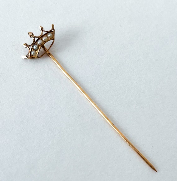 Fine Crown Stickpin 14K Seed Pearl Stick Lapel Pi… - image 5