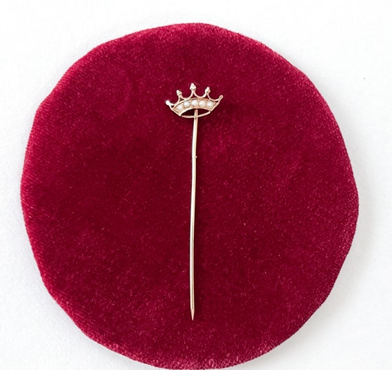 Fine Crown Stickpin 14K Seed Pearl Stick Lapel Pi… - image 4