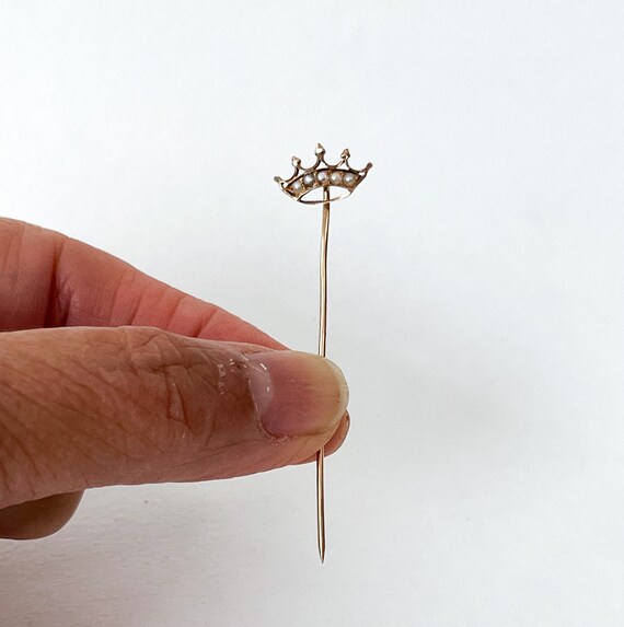 Fine Crown Stickpin 14K Seed Pearl Stick Lapel Pi… - image 3