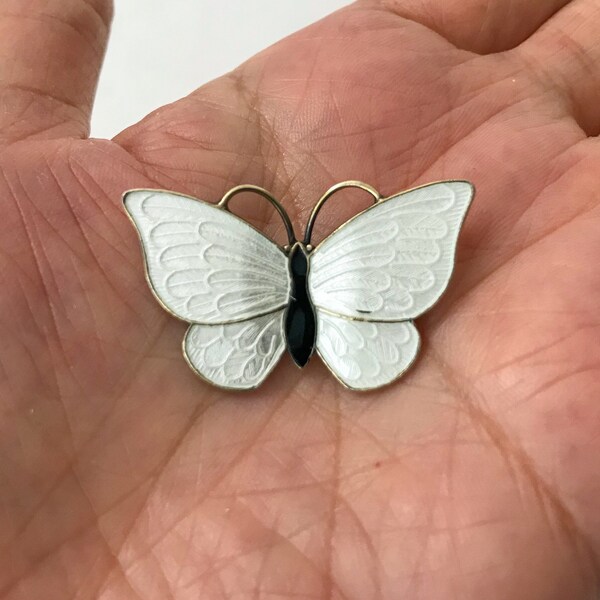 VB Butterfly Brooch Pin White Guilloche Enamel Sterling Silver Insect Bug Vintage Volmer Bahner Denmark