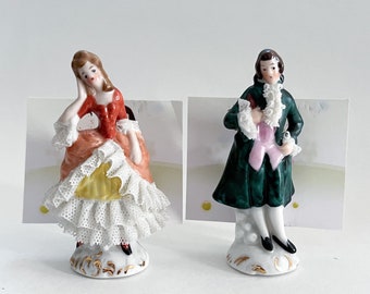 Lovely Place Card Holder Victorian Lady Gentleman Doll Woman Man mini Miniature Figurine Lace Dresden Porcelain Vintage Lot Germany