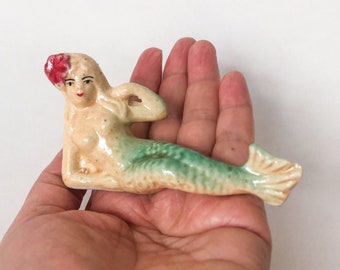 Reserved for Heidi Vintage Mermaid Bathing Beauty Salt Pepper Shaker Hawaiian Hibiscus Porcelain Ceramic Figurine Maybe Japan