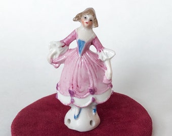 Pink Victorian Lady Pin Cushion Half Doll Dancing Full Figure Woman Girl Figurine Porcelain Ceramic Vintage Antique Germany