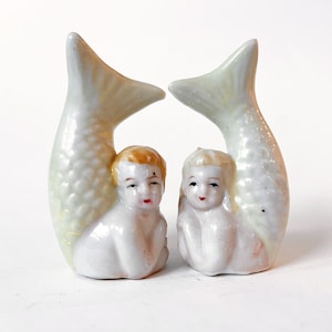 Cute Yellow Tail Mermaid Salt Pepper Shakers Boy Girl Bisque Ceramic Porcelain Figurine Figure Set Pair Vintage Japan