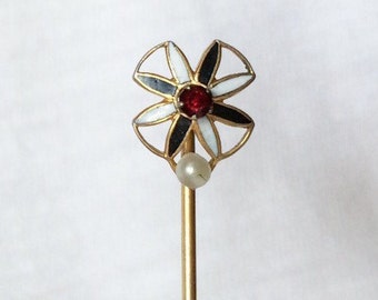 Enamel Stickpin Flower Syn. Ruby Seed Pearl Gold Filled G/F Brooch Tie Lapel Stick Pin Estate Vintage Art Deco