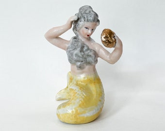 Sexy Mermaid Shell Mirror Figurine Aquarium Fish Tank Figure Yellow Porcelain Ceramic Bisque Vintage Japan