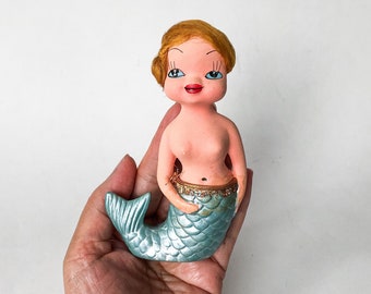 Hula Mermaid Hawaiian Style Nude Figurine Bathing Beauty Mohair Big Blue Eye Hawaii Girl Terra Cotta Pottery Decor Ornament Vintage