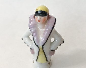 Pink Mask Pierrette Lady Masquerade Carnival Clown Theatre Pierrot Woman Pin Cushion Half Doll Porcelain Figurine Art Deco Vintage Germany