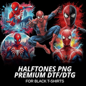 Puede incluir: Gráfico negro con múltiples ilustraciones de Spider-Man en varias poses. El diseño incluye el texto "HALFTONES PNG PREMIUM DTF/DTG FOR BLACK T-SHIRTS". La obra de arte muestra a Spider-Man con su clásico traje rojo y azul.