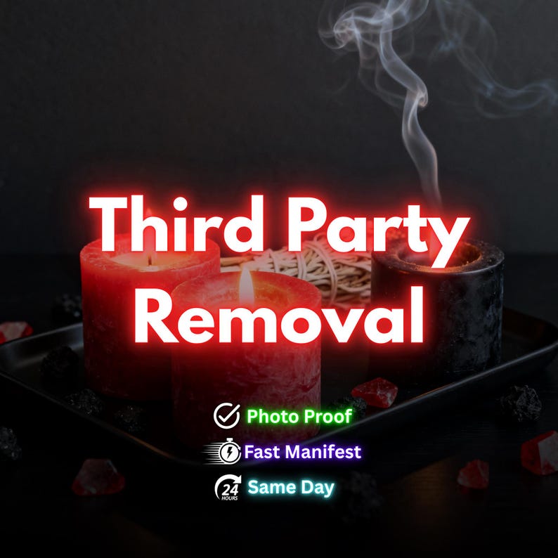 May include: Image features three lit candles, two red and one black, with the text "Third Party Removal" in a glowing red font. Smoke rises from the candles. Additional text includes "Photo Proof," "Fast Manifest," and "Same Day."