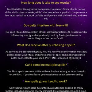 Puede incluir: Un gr&aacute;fico p&uacute;rpura con texto blanco que presenta una FAQ sobre hechizos. Las preguntas cubren temas como el tiempo de los resultados, el libre albedr&iacute;o, la entrega digital, la combinaci&oacute;n de hechizos y las garant&iacute;as. El texto es claro y conciso.
