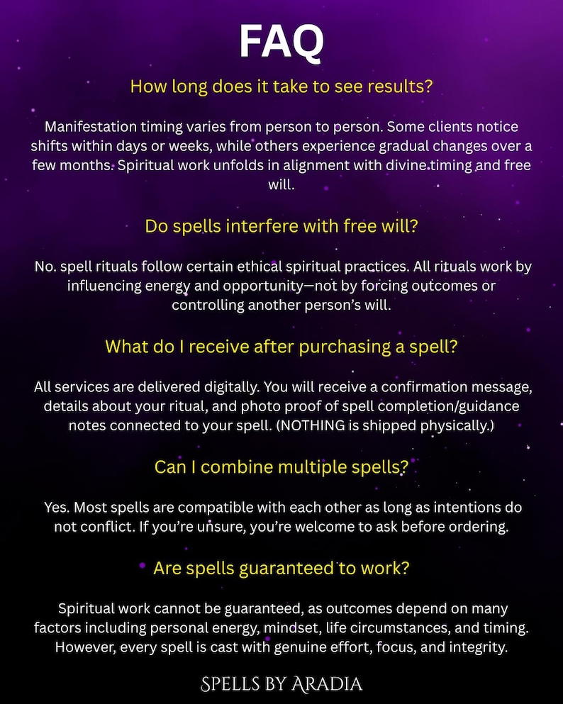 Puede incluir: Un gr&aacute;fico p&uacute;rpura con texto blanco que presenta una FAQ sobre hechizos. Las preguntas cubren temas como el tiempo de los resultados, el libre albedr&iacute;o, la entrega digital, la combinaci&oacute;n de hechizos y las garant&iacute;as. El texto es claro y conciso.