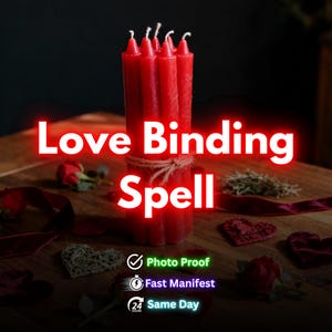 Op de afbeelding: Een bundel rode kaarsen vastgebonden met touw, met de woorden "Love Binding Spell" in rood neon. De afbeelding bevat rozen, linten en hartvormige decoraties. Tekst bevat ook "Photo Proof", "Fast Manifest" en "Same Day".