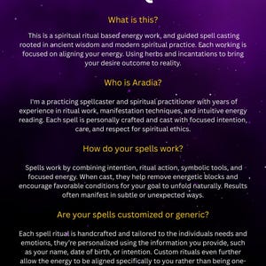 Puede incluir: P&aacute;gina de preguntas frecuentes con texto sobre un fondo p&uacute;rpura oscuro. El texto explica el trabajo energ&eacute;tico basado en rituales espirituales, el lanzamiento de hechizos y las pr&aacute;cticas de Aradia. Detalla c&oacute;mo funcionan los hechizos y la personalizaci&oacute;n.