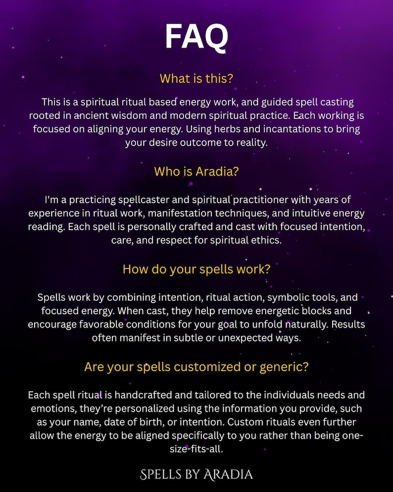 Puede incluir: P&aacute;gina de preguntas frecuentes con texto sobre un fondo p&uacute;rpura oscuro. El texto explica el trabajo energ&eacute;tico basado en rituales espirituales, el lanzamiento de hechizos y las pr&aacute;cticas de Aradia. Detalla c&oacute;mo funcionan los hechizos y la personalizaci&oacute;n.