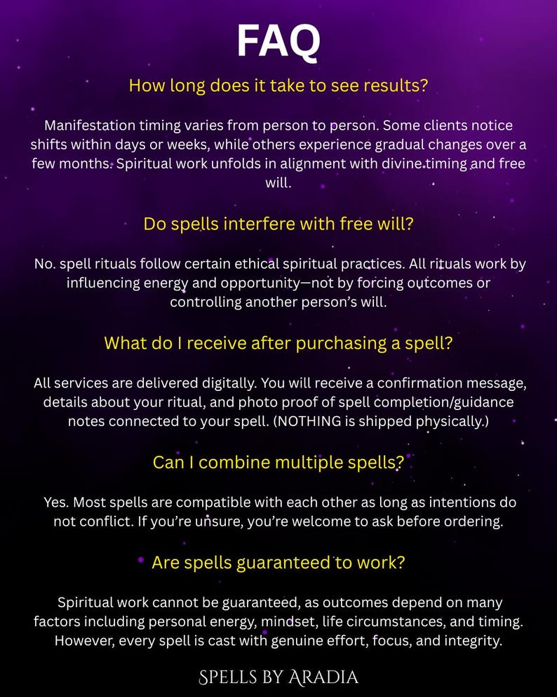 May include: A purple graphic with white text that reads "FAQ" at the top. Below, it answers questions about spells, including timing, free will, digital delivery, combining spells, and guarantees. The text is in a clean, easy-to-read font.
