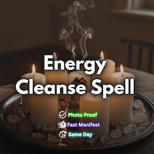 May include: A silver tray holds lit white candles, crystals, and a bundle of herbs. The text "Energy Cleanse Spell" is displayed above the candles. Additional text includes "Photo Proof", "Fast Manifest", and "Same Day". Smoke rises from the candles.