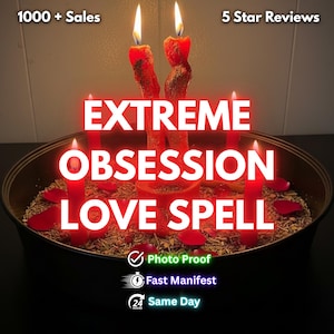 Könnte beinhalten: Eine schwarze Schüssel mit roten Kerzen, Rosenblättern und Kräutern. Der Text "EXTREME OBSESSION LOVE SPELL" ist in Weiß dargestellt. Zusätzlicher Text enthält "1000+ Verkäufe", "5-Sterne-Bewertungen", "Foto-Beweis", "Schnelle Manifestation" und "Am selben Tag".