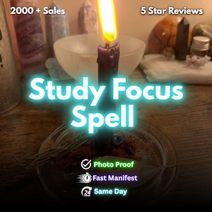 May include: A lit purple candle with a bright yellow flame, centered over a glass bowl containing herbs and spices. The text "Study Focus Spell" is in bright blue letters. Additional text includes "Photo Proof", "Fast Manifest", and "Same Day".