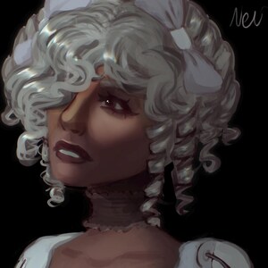 Puede incluir: Ilustración digital de una persona con piel oscura, vestida con un vestido blanco y una peluca empolvada con lazos blancos. La persona está mirando hacia arriba, con lápiz labial y sombra de ojos de color rojo oscuro. El fondo es negro.