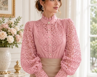 Blusa de encaje con bordado floral para mujer / Camisa romántica con botones delanteros / Top de manga larga con cuello alto / Conjunto elegante de primavera-verano